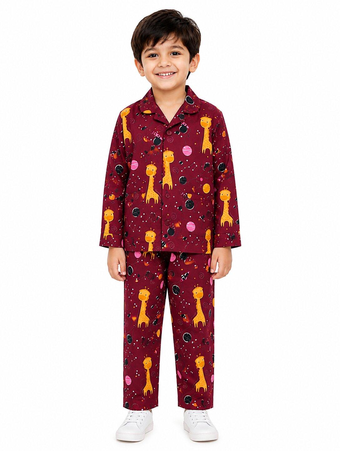 Kids Boys Maroon & Yellow Printed Pure Cotton Night Suit