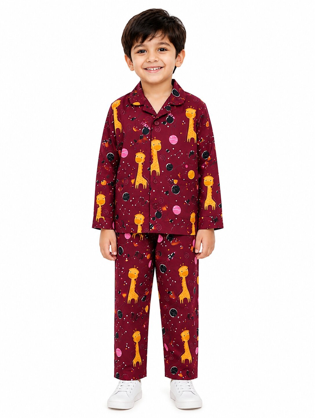 Kids Boys Maroon & Yellow Printed Pure Cotton Night Suit - Image 1