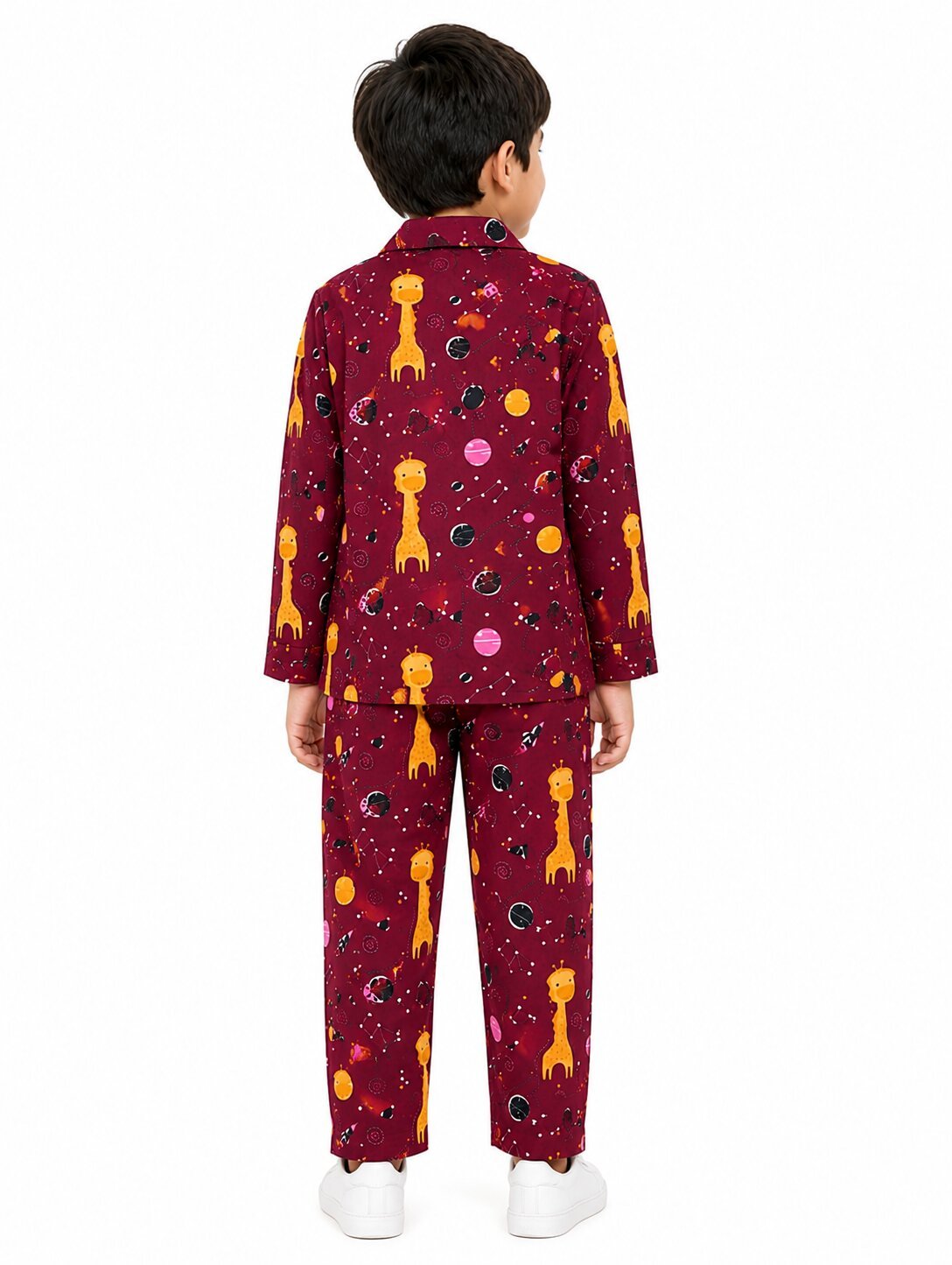 Kids Boys Maroon & Yellow Printed Pure Cotton Night Suit - Image 2