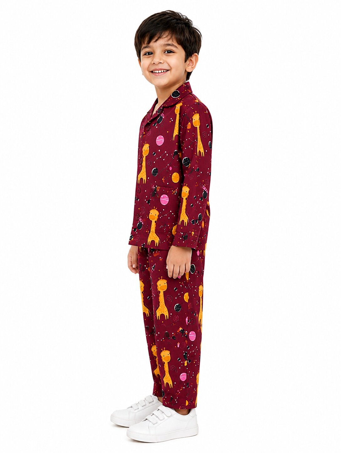 Kids Boys Maroon & Yellow Printed Pure Cotton Night Suit - Image 3