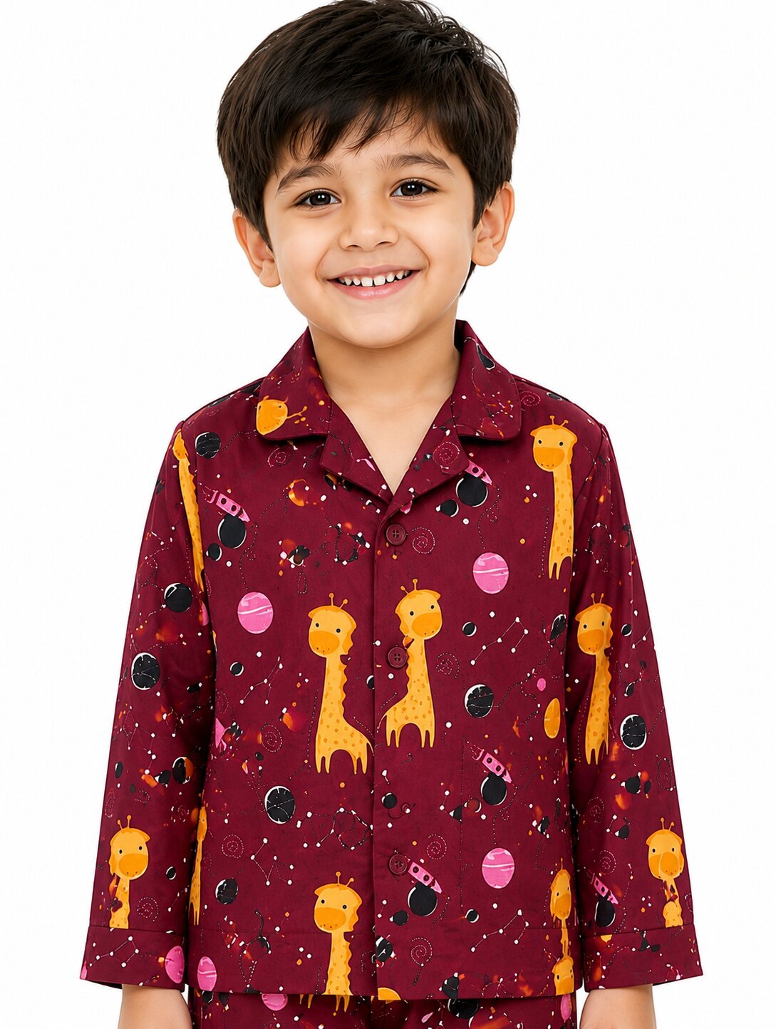 Kids Boys Maroon & Yellow Printed Pure Cotton Night Suit - Image 4