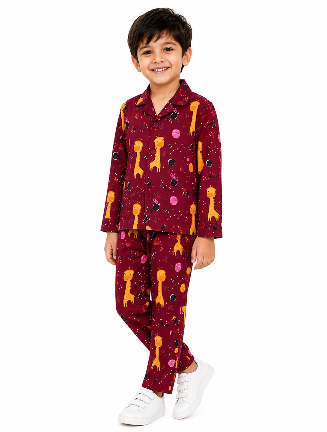 Kids Boys Maroon & Yellow Printed Pure Cotton Night Suit - Image 5