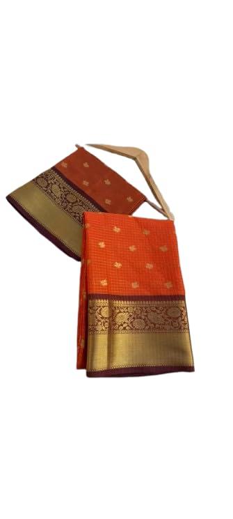 Kanjivaram Style Silk Saree, Orange with Golden Motifs, Wine Border, Traditional Zari Work - Image 1