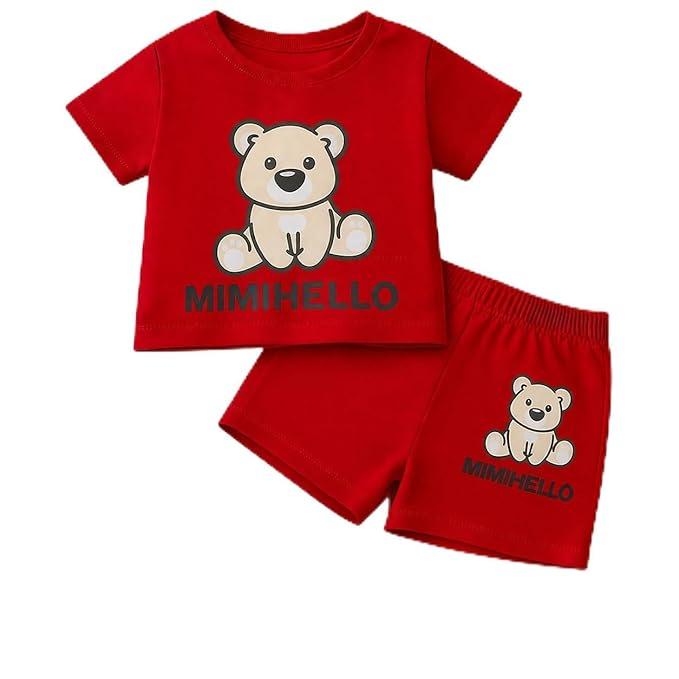 Kico Baby Kids Hosiery Cotton Clothing Set, Red, Bear Print, Short Sleeve T-Shirt and Shorts, 2 Months to 5 Years,Baby Soft Breathable Casual Outfit - Image 1