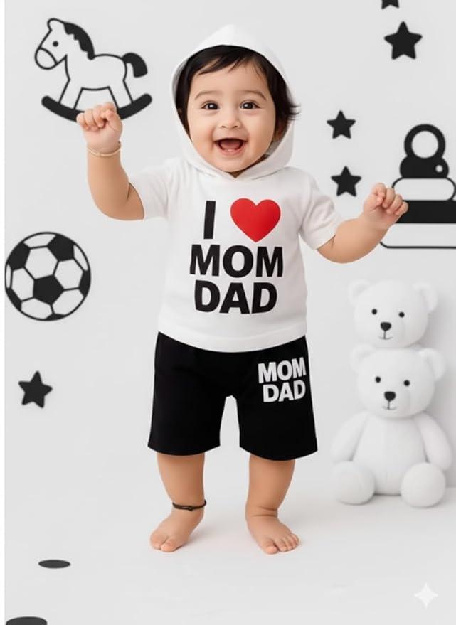 KiCO Kid I Love Mom Dad Printed Hooded T-Shirt and Shorts Set, White and Black, Hosiery Cotton, 2 Months to 5 Years, for Baby Boys and Girls - Image 1