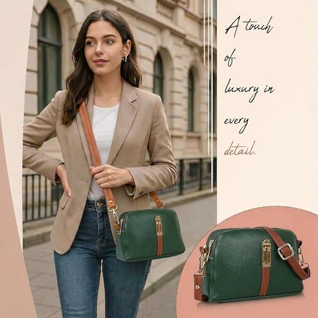 Faux Leather Sling Bag with Brown Adjustable Strap & Gold-Tone Hardware – Compact Crossbody Handbag for Daily Use