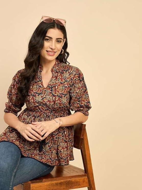 Multicolor - Floral Peplum Top for Women – Cotton Blend V-Neck, Casual, Party & Office Wear. - Image 1