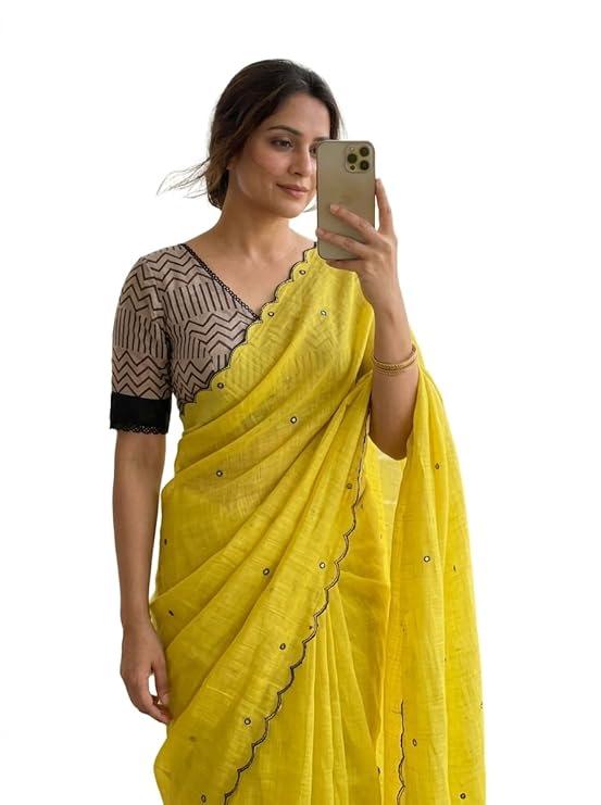 New linen cotton saree with black mirror work - Image 1