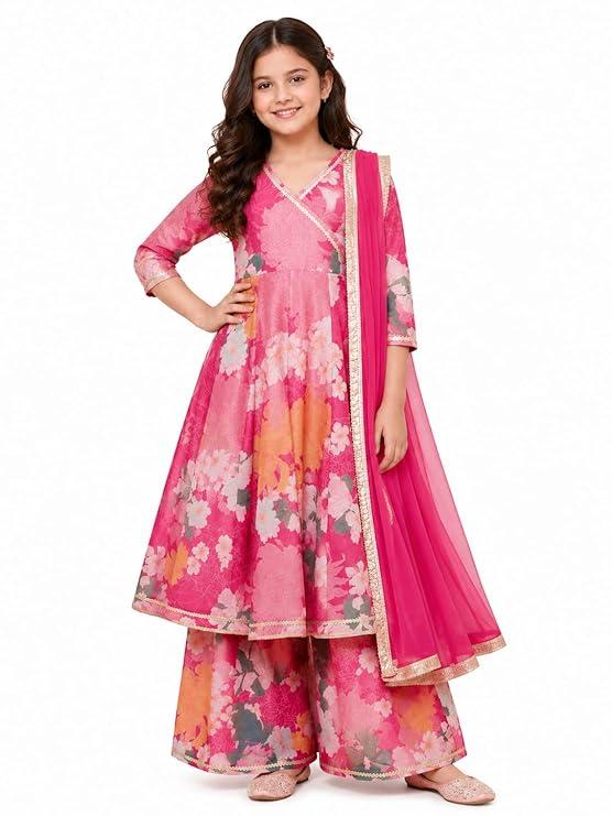 RP ECOM Girls Rayon Floral Printed Sharara Set | Ethnic Outfit for Kids | 3/4 Sleeve Kurti with Sharara | Comfortable Festive & Casual Wear for Girls - Image 1