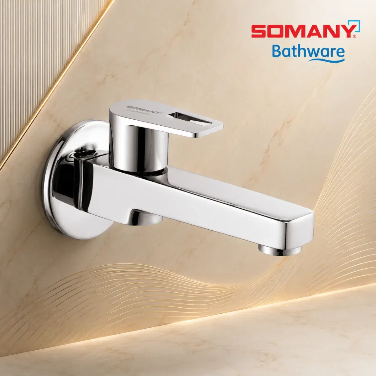SOMANY JUPITER Brass Bib Cock Long Nose with Wall Flange | Bathroom Tap | Taps | Silver - Image 1