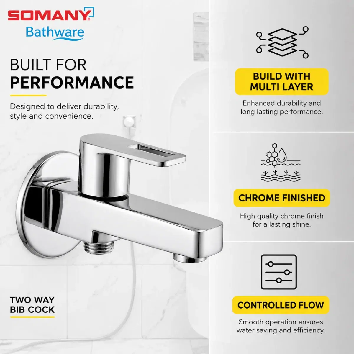 SOMANY JUPITER Single Lever Two Way Bib Cock with Ceramic Cartridge, Dual Tap for Washing Machine, 2 in 1 Tap Functionality, Includes Wall Flange and Teflon Tape, Chrome Finished - Image 1