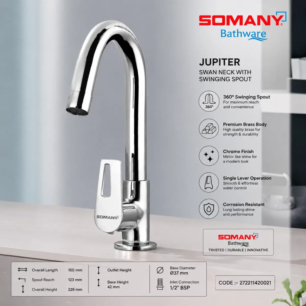 SOMANY JUPITER Swan Neck Kitchen Mixer with Swinging Spout – Chrome | Swivel Spout, Ergonomic Handle, Splash-Free Flow - Image 1