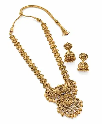 South Indian Traditional Antique Matte Gold Finish Goddess Lakshmi & Peacock Motif Long Necklace Set with Jhumka Earrings for Women | Ethnic Temple Jewellery for Weddings, Brides & Festivals - Image 1
