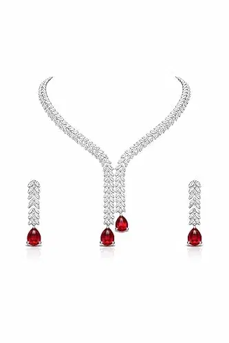 Luxury Necklace and Earrings Set for Women – Silver Plated Diamond-Style Bridal Jewellry Set – Elegant Wedding, statement necklace set, occasional Jewellery for girls, American Diamond Artificial Jewellery - Image 1