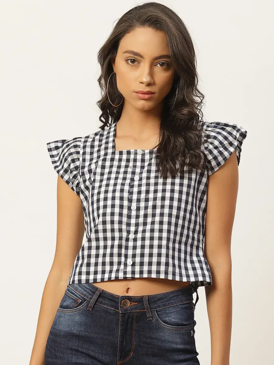RAANO Women’s Navy Blue & White Gingham Checked Cotton Blend Crop Top with Square Neck and Short Sleeves - Image 1