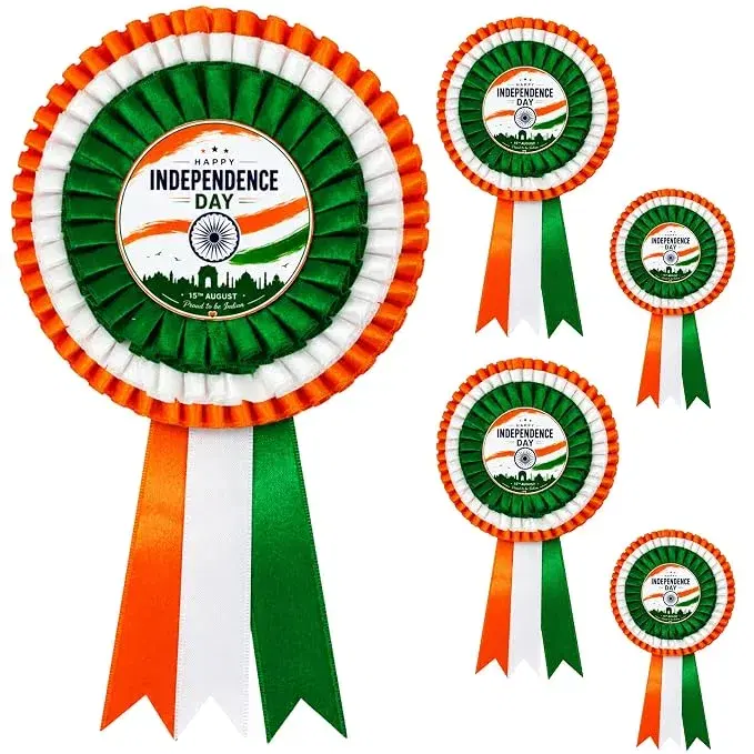 Tricolor Satin Badge for Independence Day Celebrations | Indian Flag Ribbon Badge for School, Office, Events & Flag Hoisting | Pack of 5 - Image 1