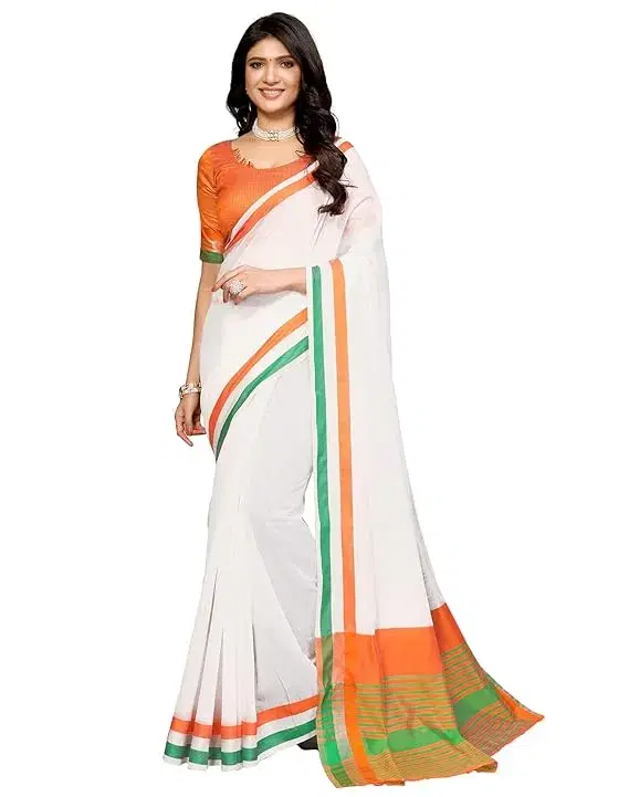 Women's Woven in Cotton Silk Fabric-Independence Day Tiranaga Flag Saree with Unstitched Blouse Material (FLAG Plain Tricolor), Multicolor - Image 1