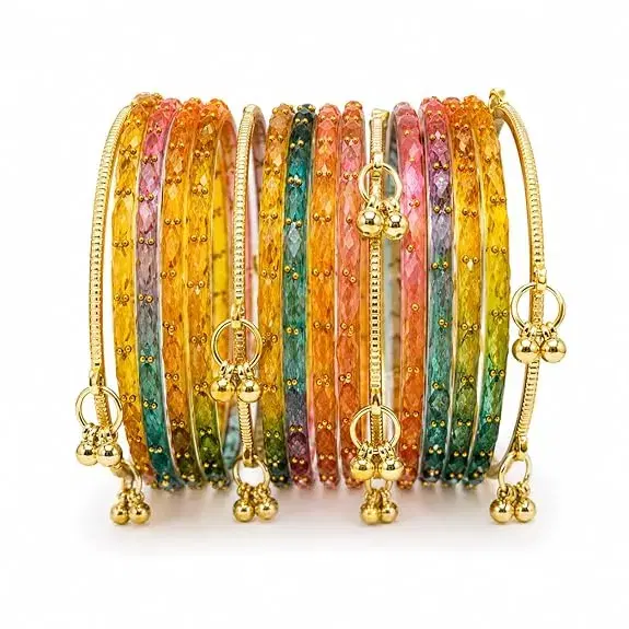 Kashmiri Glass Bangle with gunghro Set for Women (Set Of 16) - Image 1