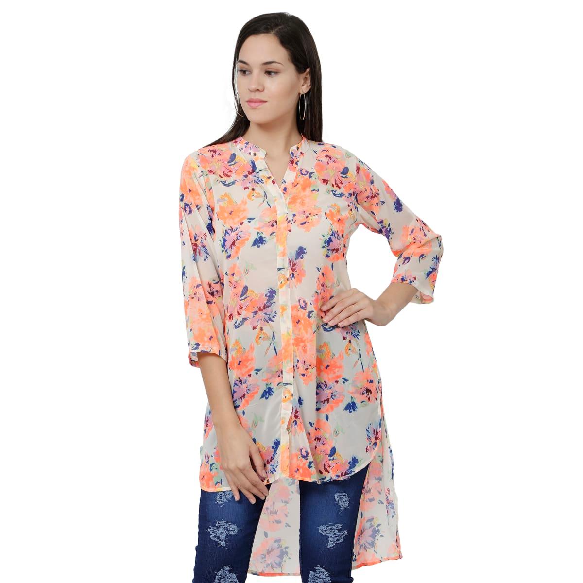 RAANO Women’s Multicolor Floral Printed Polyester High-Low Top with Mandarin Collar and 3/4 Sleeves - Image 1