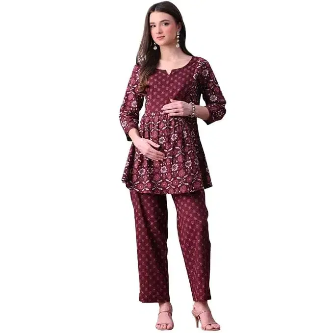 Maternity Co-Ord Set for Women | Cotton Kurti Pant Set | Nursing Zipper Feeding Friendly | Floral Kurta Palazzo Set - Image 1
