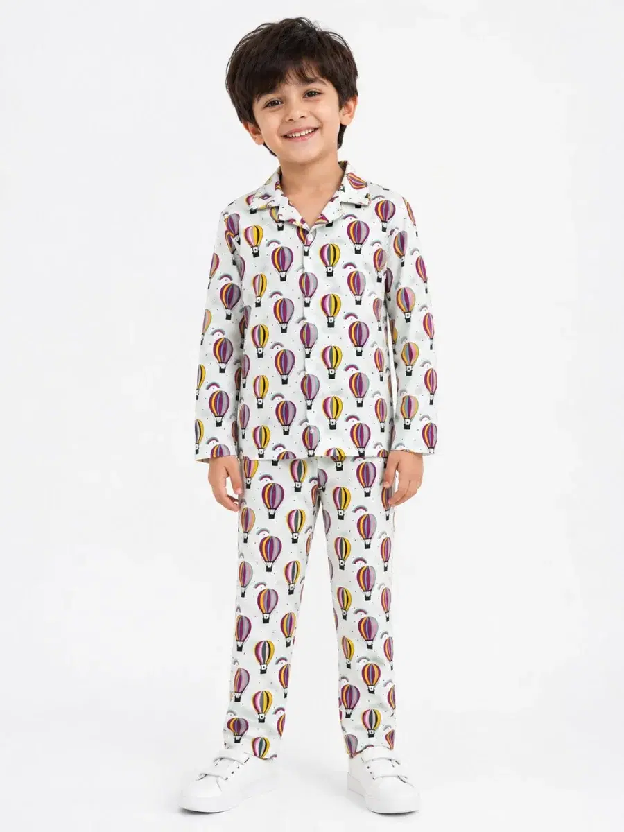 Kids Boys Full Sleeve Collared Pure Cotton Night Suit - Image 1