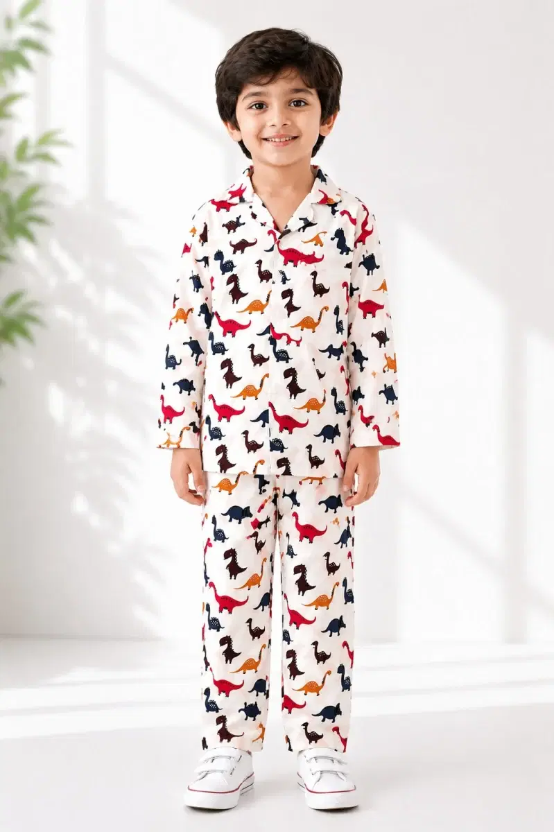 Kids Boys Full Sleeve Collared Pure Cotton Night Suit - Image 1