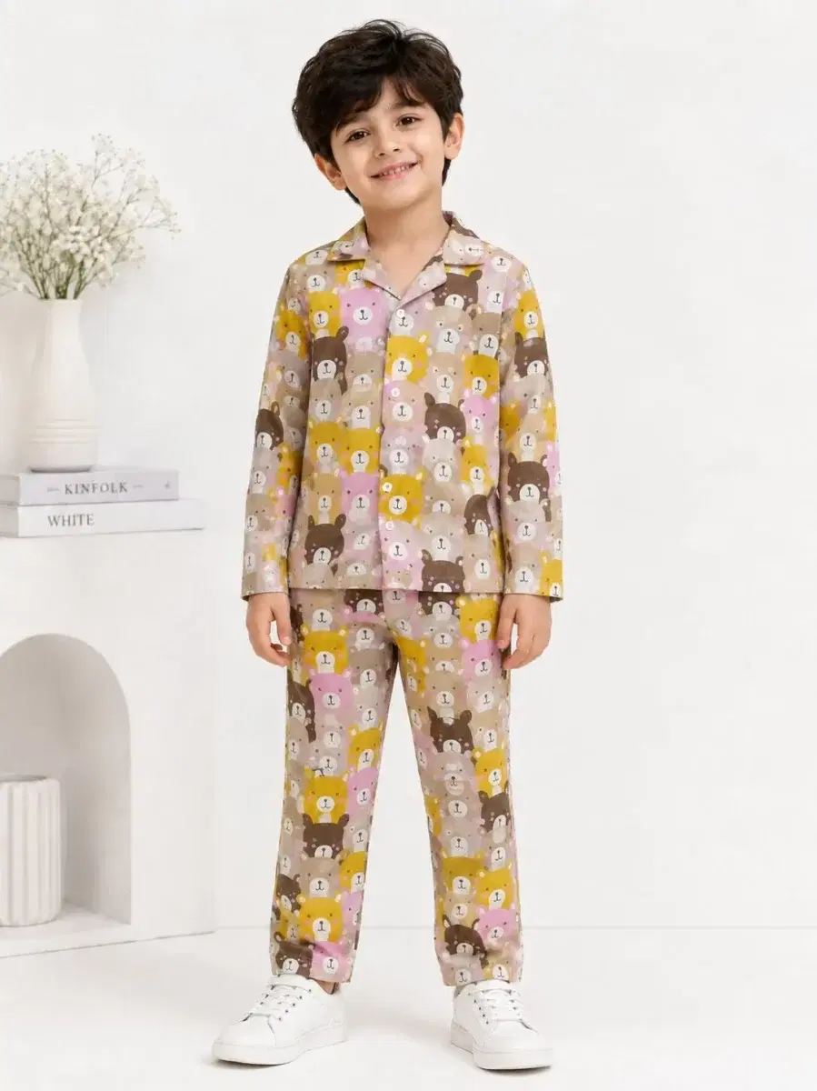 Kids Boys Full Sleeve Collared Pure Cotton Night Suit - Image 1