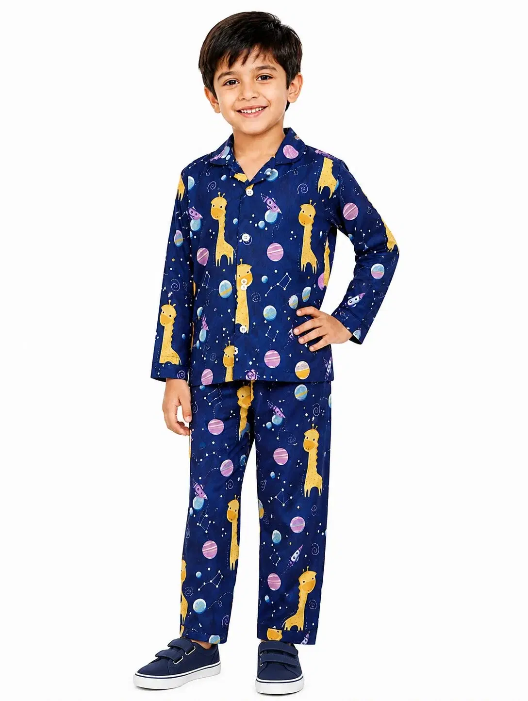 Kids Boys Navy Blue & Yellow Giraffes in Space Printed Night Suit - Image 1