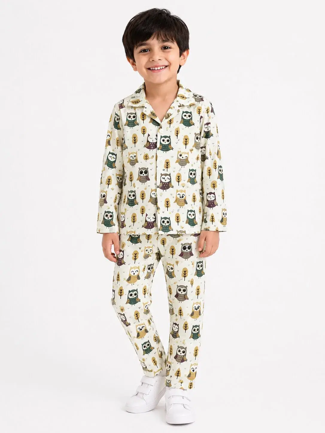 Boys Cream & Brown Owl Print Pure Cotton Night Suit - Image 1