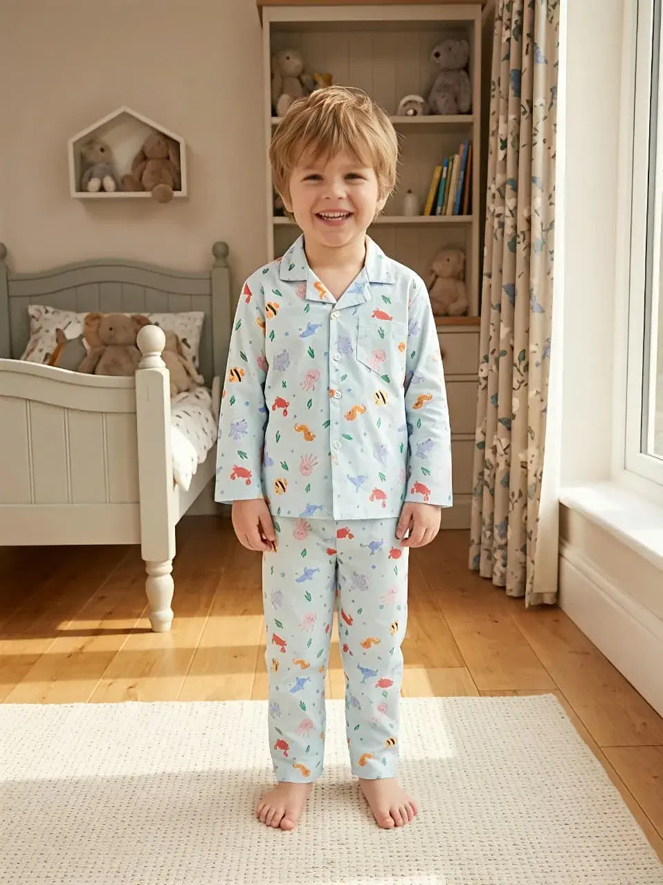 Kids Blue Sea-Life Printed Satin Long-Sleeved Nightsuit - Image 1