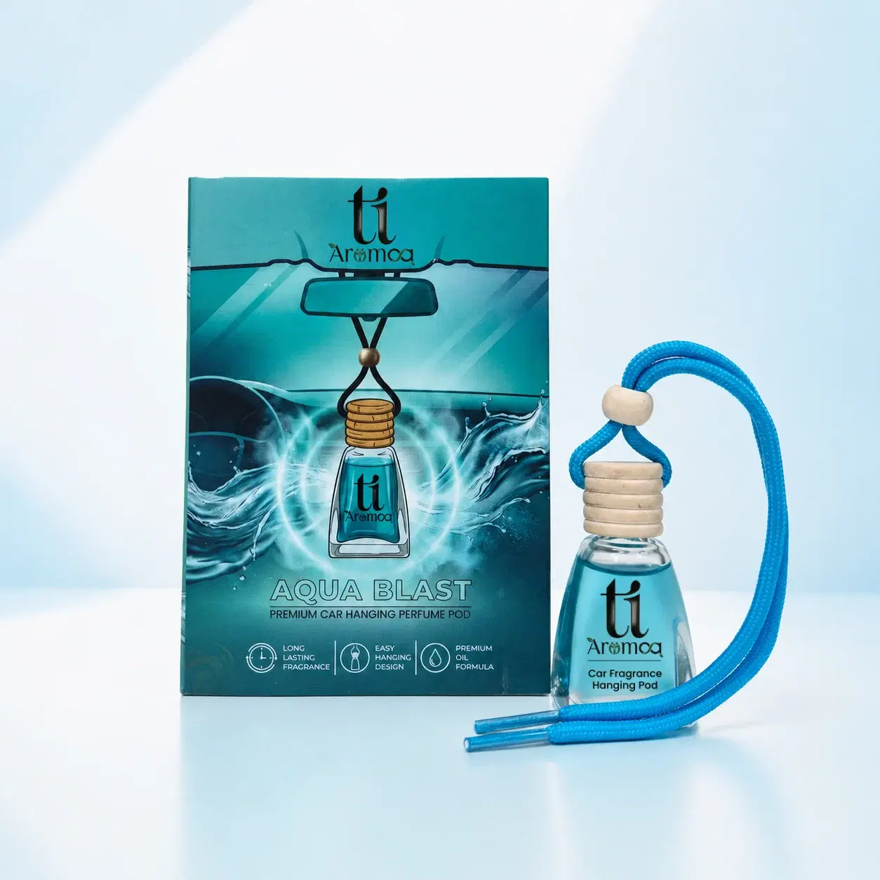 Ti Aromaa Aqua Blast Premium Car Perfume Hanging Pod | 12ML| Lasts Up to 45–60 Days | Wooden Diffuser Cap Technology | Blended Essential Oil Car Freshener | Car Odour Eliminator - Image 1