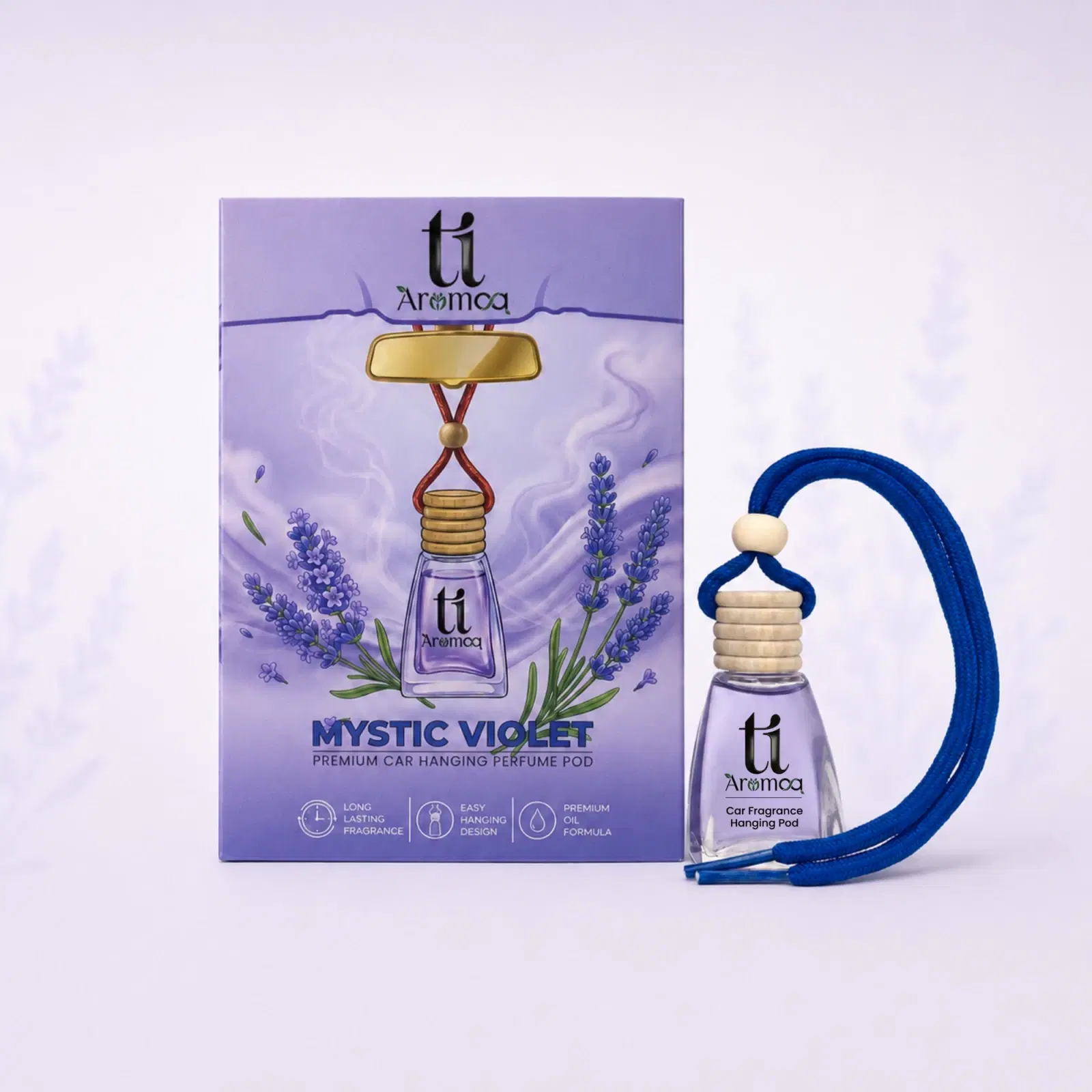 Ti Aromaa Mystic Violet Premium Car Perfume Hanging Pod|12ML| Lavender-Inspired Scent| Lasts Up to 45–60 Days| Wooden Diffuser Lid Technology | Blended Essential Oil Car Freshener| Car Odour Eliminator - Image 1