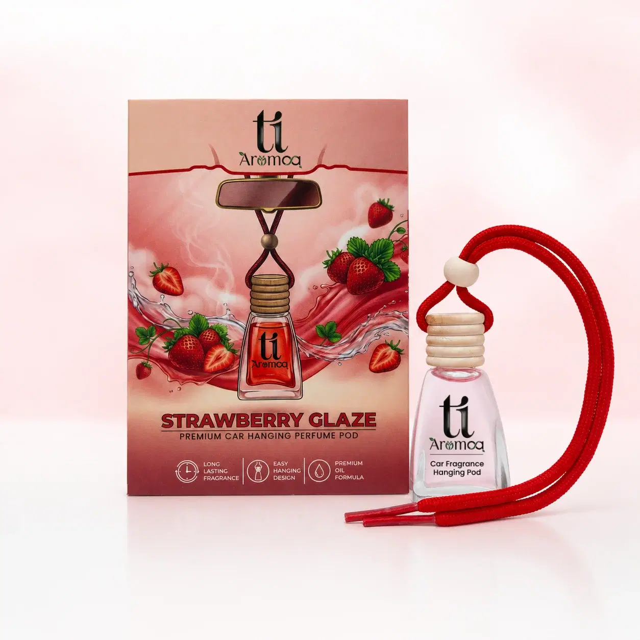 Ti Aromaa Strawberry Glaze Premium Car Perfume Hanging Pod | 12ML| Lasts Up to 45–60 Days | Wooden Diffuser Lid Technology | Blended Essential Oil Car Freshener | Car Odour Eliminator - Image 1