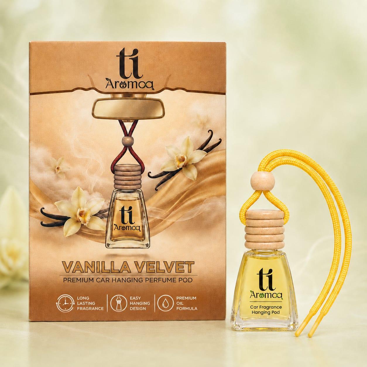 Ti Aromaa Vanilla Velvet Premium Car Perfume Hanging Pod | 12ML | Lasts Up to 45–60 Days | Wooden Diffuser Lid Technology | Blended Essential Oil Car Freshener | Car Odour Eliminator - Image 1