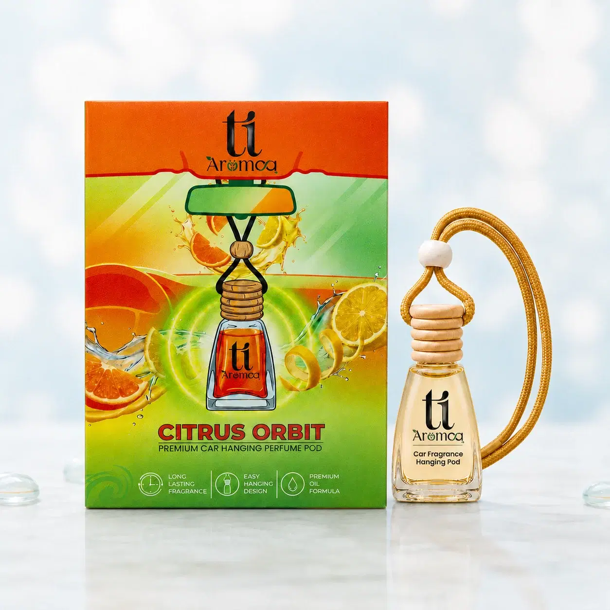 Citrus Orbit Car Perfume Hanging Pod | Lasts Up to 45–60 Days | Wooden Diffuser Lid Technology | Blended Essential Oil Car Freshener | Car Odour Eliminator - Image 1