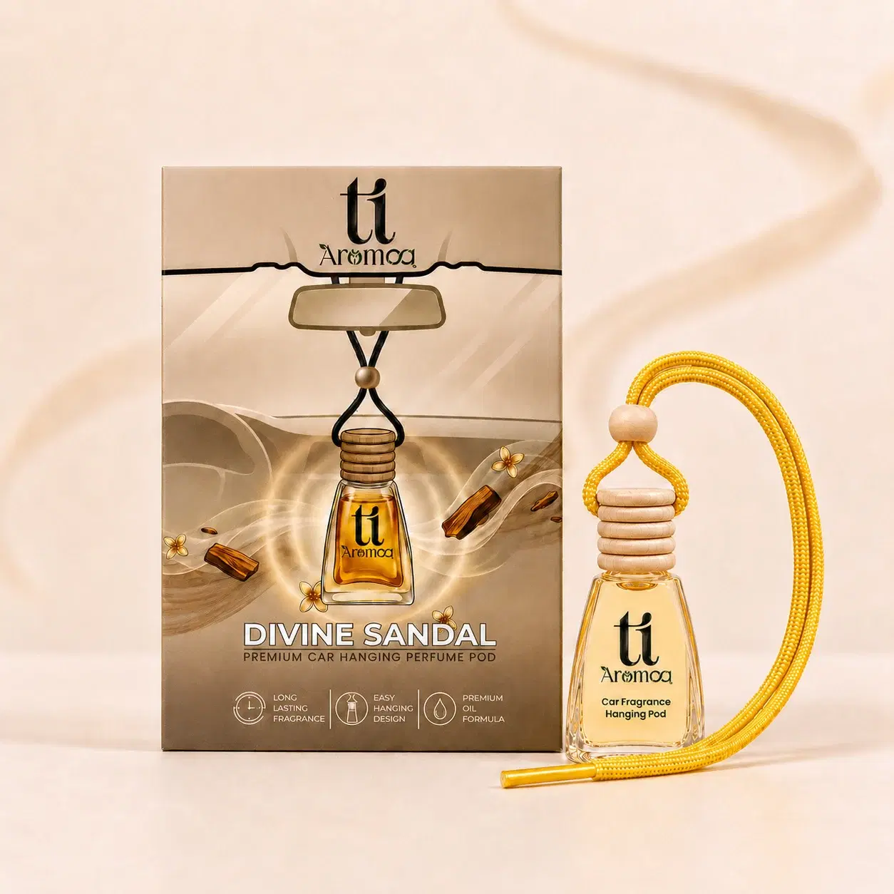 Ti Aromaa Divine Sandal Premium Car Perfume Hanging Pod | 12ML | Lasts Up to 45–60 Days | Wooden Diffuser Lid Technology | Blended Essential Oil Car Freshener | Car Odour Eliminator - Image 1