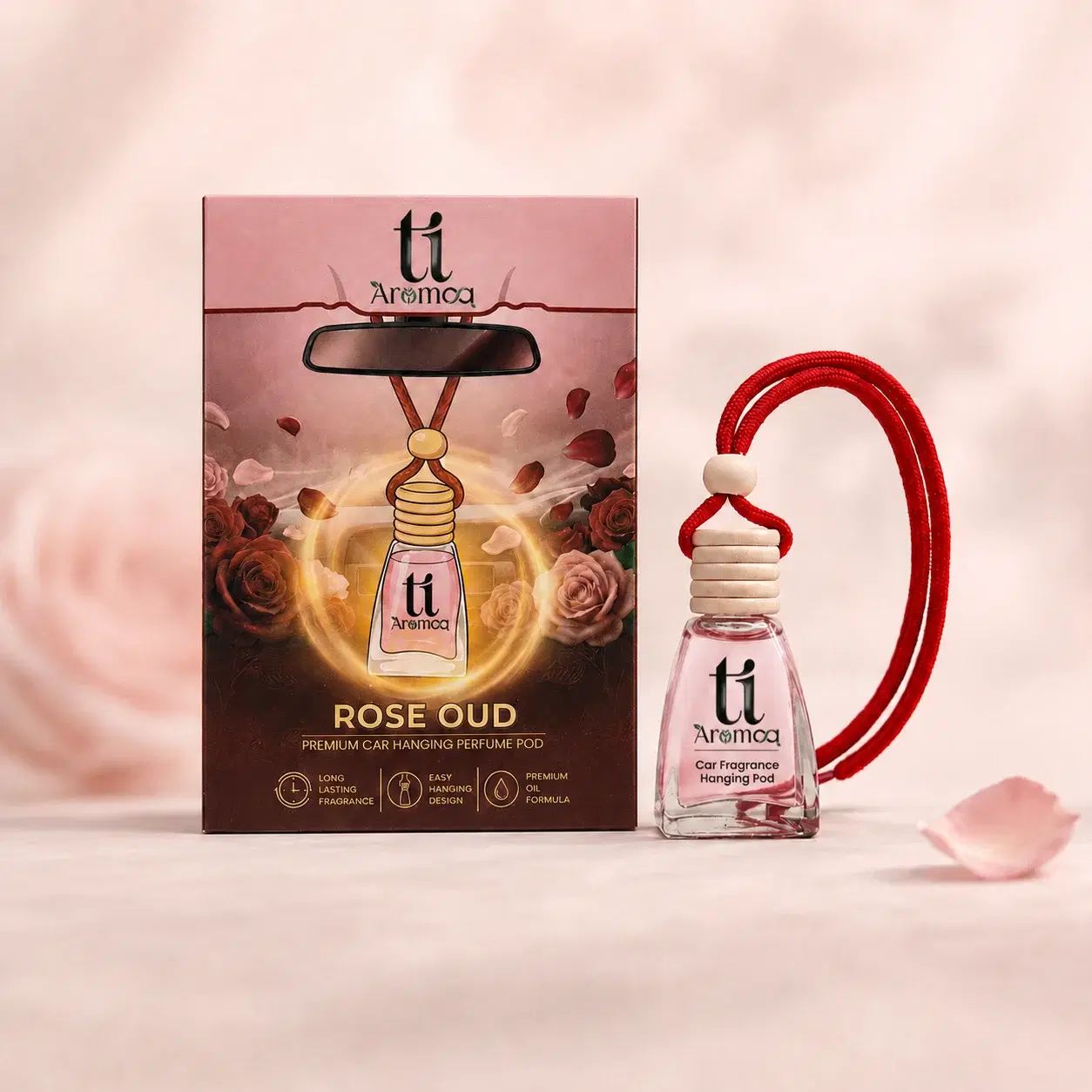 Ti Aromaa Rose Oud Premium Car Perfume Hanging Pod | 12ML | Lasts Up to 45–60 Days | Wooden Diffuser Lid Technology | Blended Essential Oil Car Freshener | Car Odour Eliminator - Image 1