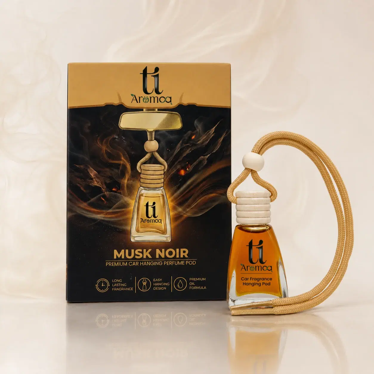 Ti Aromaa Musk Noir Premium Car Perfume Hanging Pod | 12ML | Lasts Up to 45–60 Days | Wooden Diffuser Lid Technology | Blended Essential Oil Car Freshener | Car Odour Eliminator - Image 1
