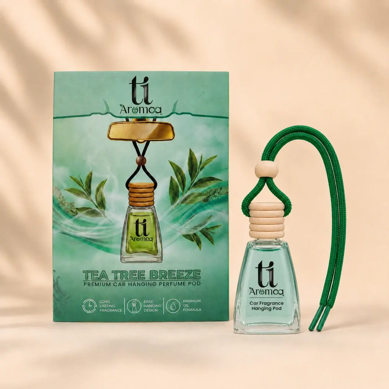Ti Aromaa Tea Tree Breeze Premium Car Perfume Hanging Pod | 12ML | Lasts Up to 45–60 Days | Wooden Diffuser Lid Technology | Blended Essential Oil Car Freshener | Car Odour Eliminator - Image 1