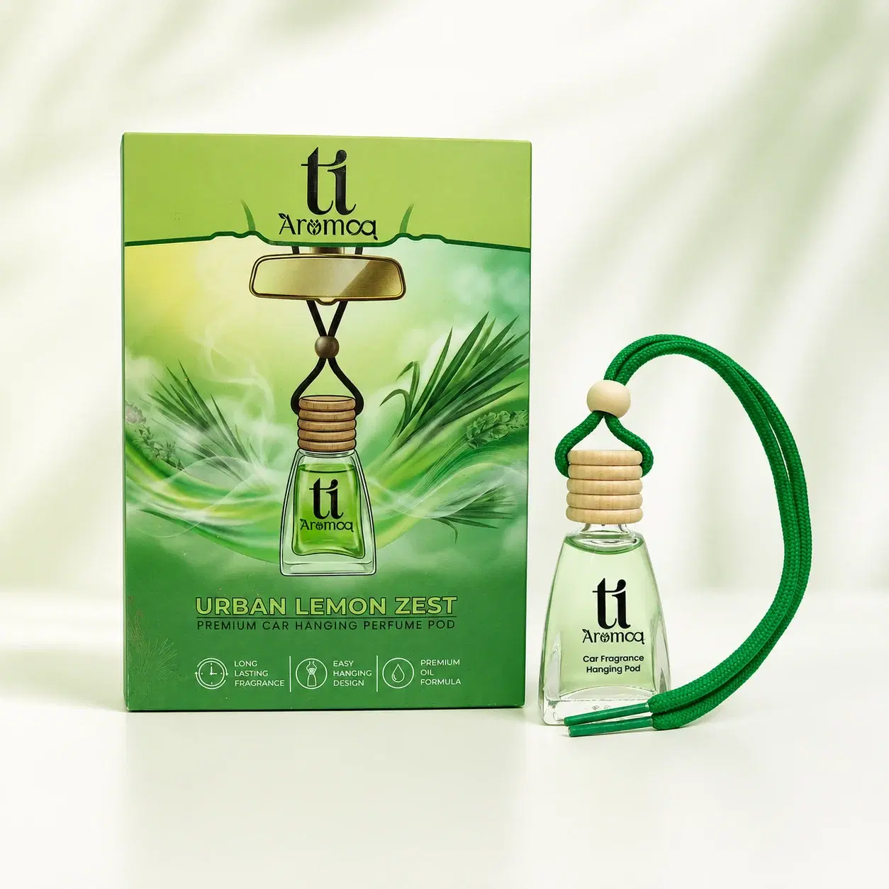 Ti Aromaa Urban Lemon Zest Premium Car Perfume Hanging Pod | 12ML | Lasts Up to 45–60 Days | Wooden Diffuser Lid Technology | Blended Fragrance Oil Car Freshener | Car Odour Eliminator - Image 1