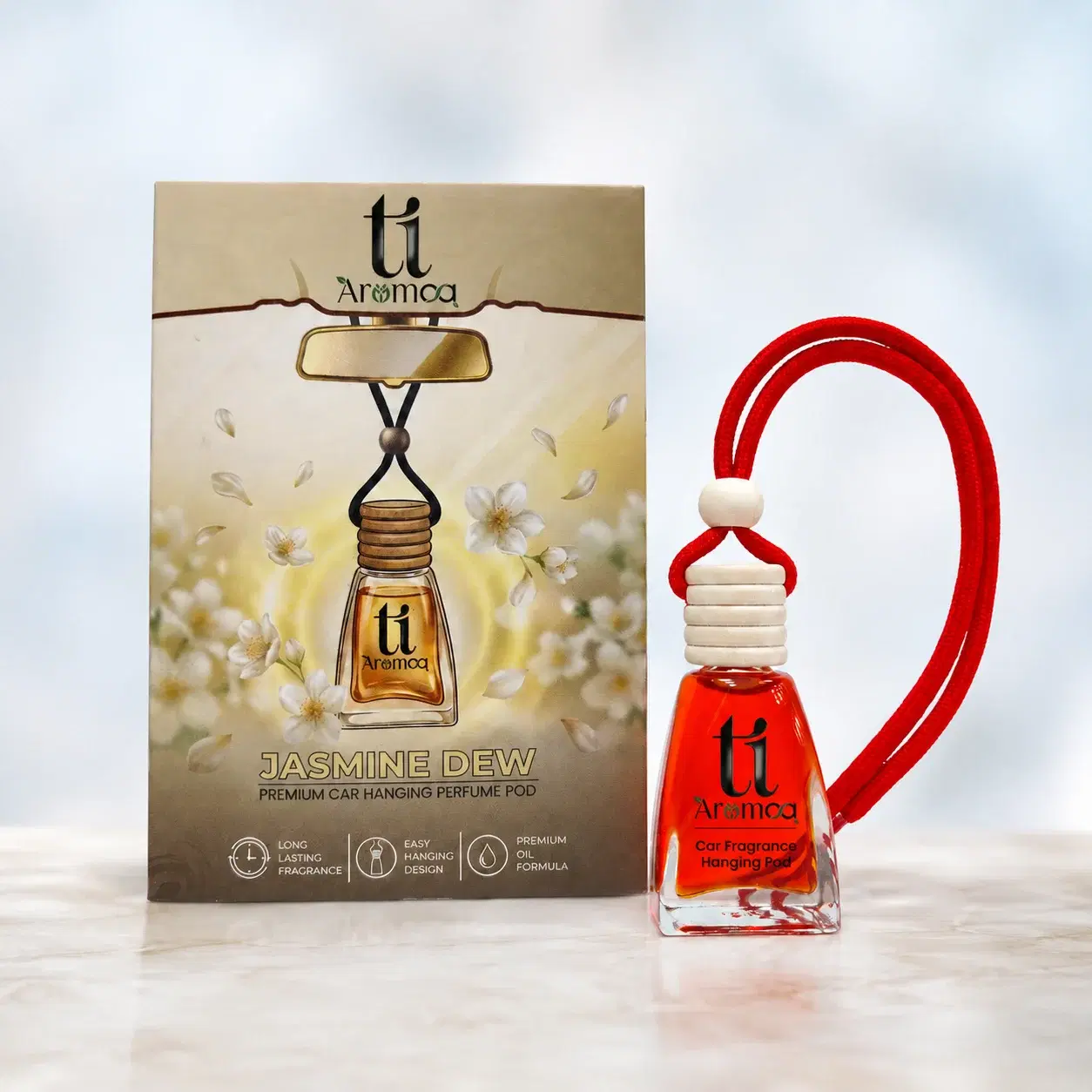 Ti Aromaa Jasmine Dew Premium Car Perfume Hanging Pod | 12ML | Lasts Up to 45–60 Days | Wooden Diffuser Lid Technology | Blended Essential Oil Car Freshener | Car Odour Eliminator - Image 1