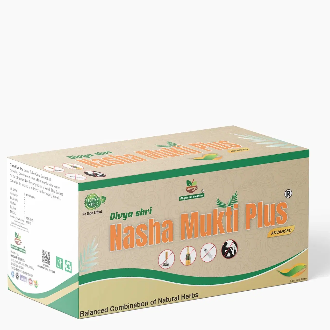 Divya Shri Divyashri Nasha Mukti Plus Powder Sachets, 100% Herbal De-Addiction Supplement (Pack of 30, 5 g) - Image 1