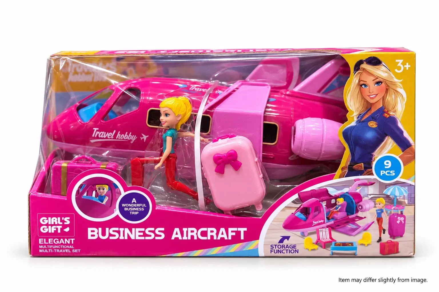 Business Aircraft Travel Playset for Kids with Doll, Luggage & Accessories | 9-Piece Pretend Play Airplane Toy | Ages 3+ - Image 1