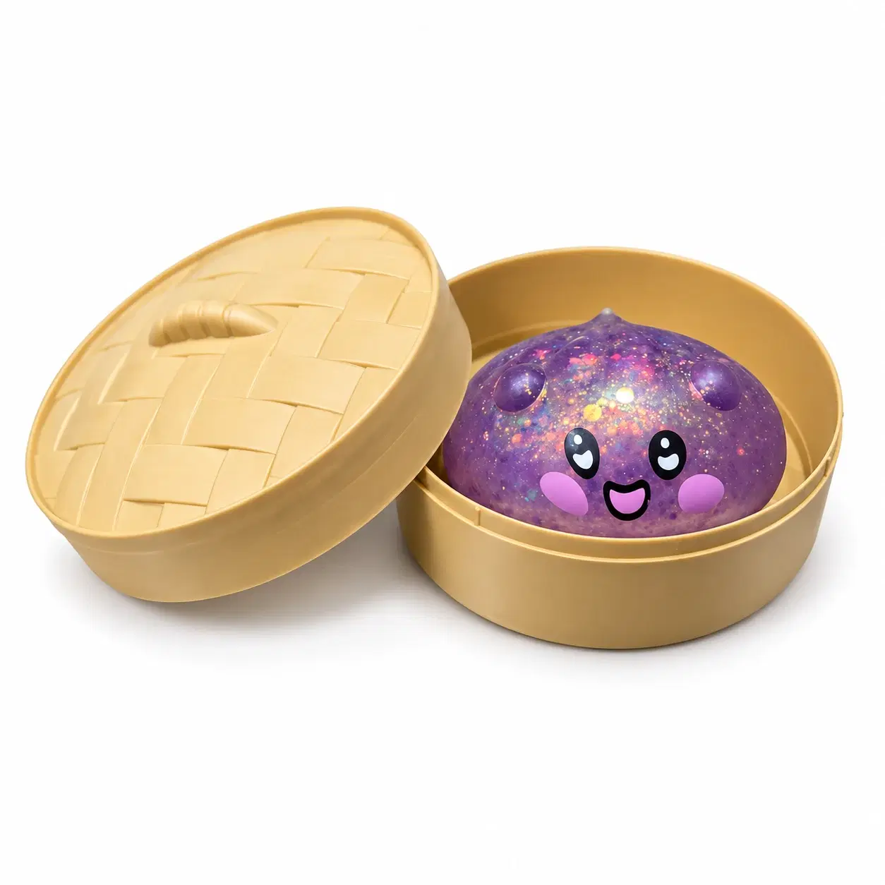Mystery colour glitter steamed dumpling squishy ,fidget toy inside a miniature plastic bamboo steamer basket. - Image 1