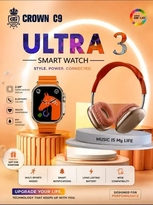 Crown C9 Ultra 3 Smart Watch , paired with over-ear wireless headphones . With 5 free watch straps - Image 1