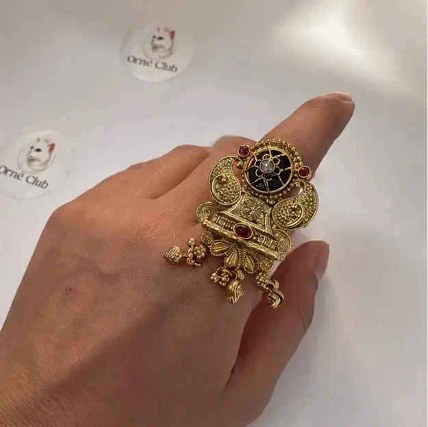 Royal Antique Gold Tone Statement Ring with Ruby & Black Stone - Image 1