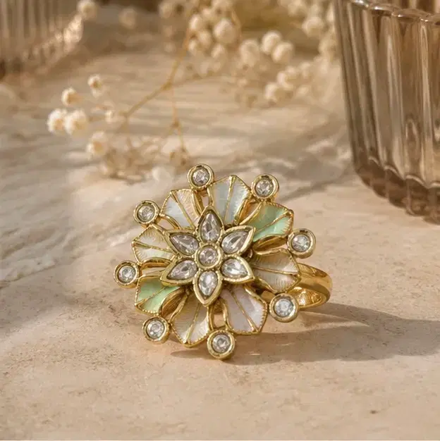 Women’s Gold Tone Floral Green & White Stone Statement Ring - Image 1