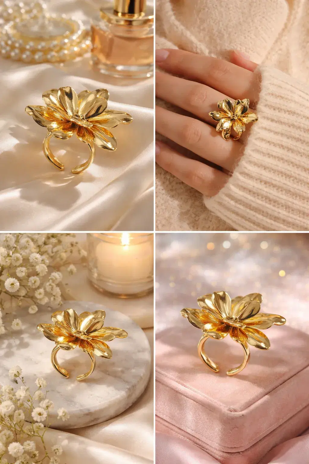 Gold Plated Flower Ring for Women Floral Statement Ring - Image 1
