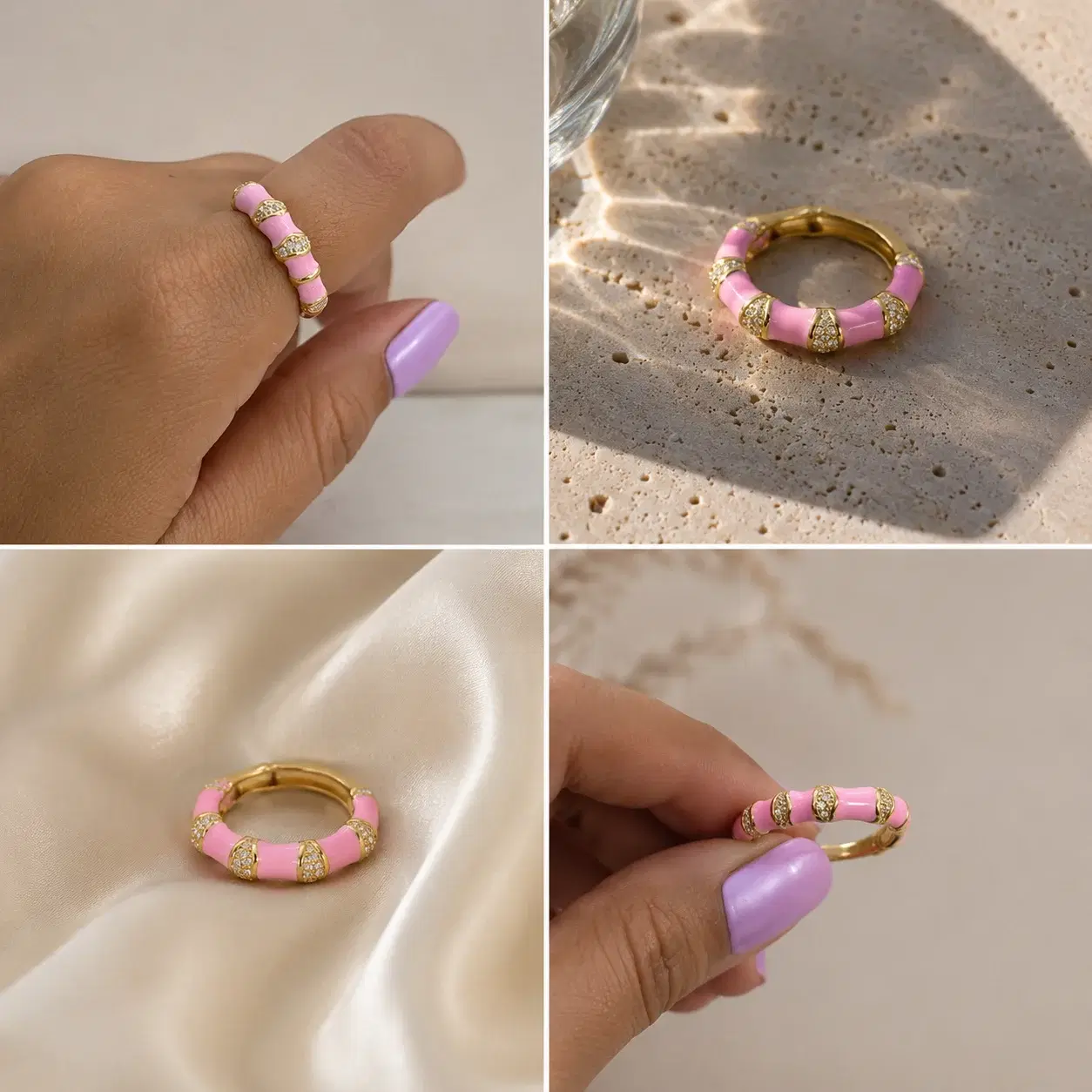 Pink Gold Plated Ring for Women Elegant Pink Enamel Fashion Ring - Image 1