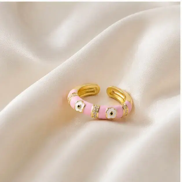 Pink Flower Ring for Women Pink Enamel Gold Tone Designer Fashion Ring - Image 1